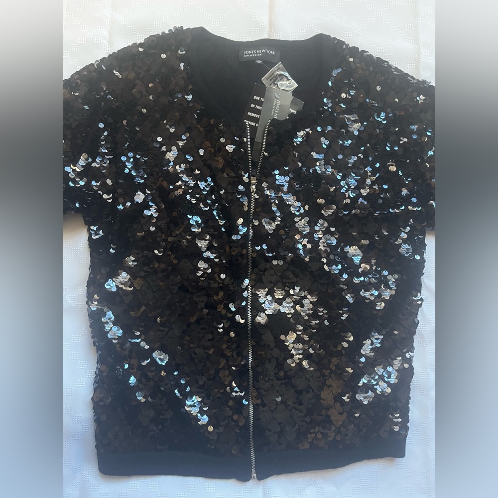 Jones New York Collection sequins evening black zipper jacket size L